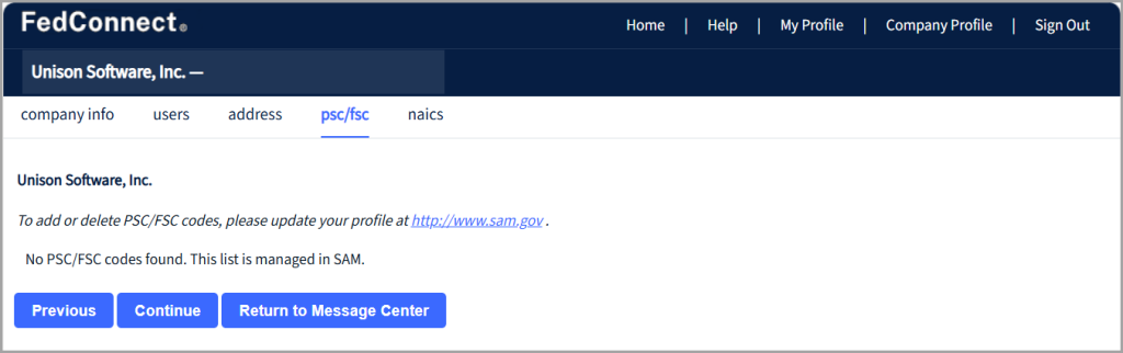 This is a picture of the PSC FSC page in the FedConnect product.
